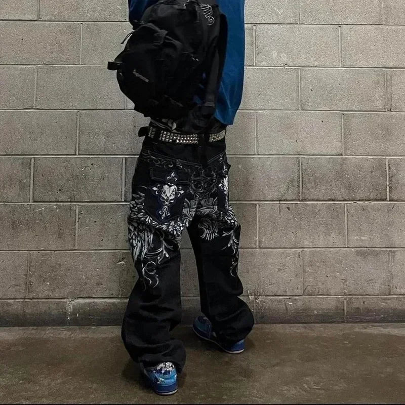 2025 New Jeans embroidered hip-hop wide-leg floor-moving Y2K mid-waist gothic individual men's pants American retro fashion★★★★