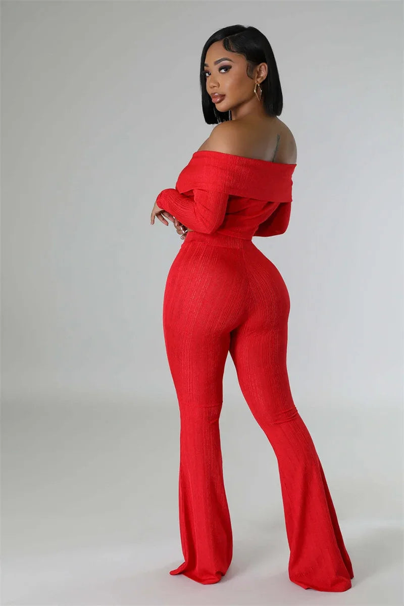 Sexy Knitted Two Piece Set for Women Birthday Outfits Off Shoulder Slash Neck Crop Top and Flare Pants Set Conjuntos Femininos