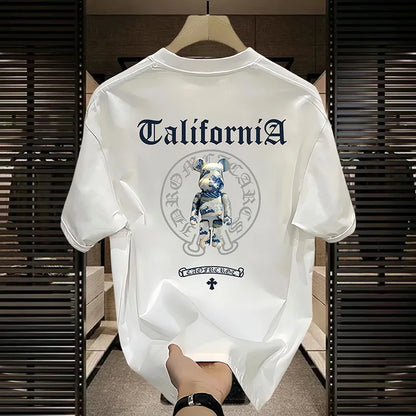 Fashion brand violent bear print t-shirt men's 2025 summer new American loose casual 100% cotton breathable t-shirt street wear