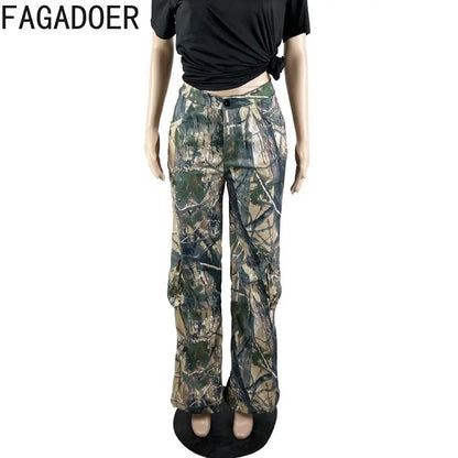 FAGADOER Casual Camouflage Cargo Pants Fashion Y2K Street Wide Leg Pants Women High Waisted Button Pocket Trousers Bottoms 2023