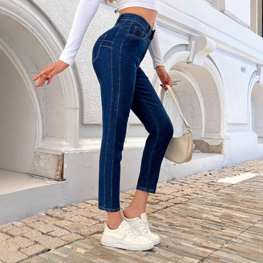 Europe and The United States Women's New Skinny Stretch Small Leg Jeans Four Seasons Simple Casual Denim Nine-point Pants Women