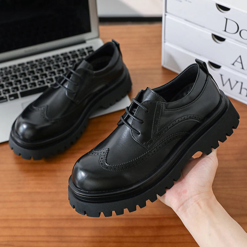 British Style Men's Block Shoes Thick Soled Durable for Office Interviews Formal Shoes Retro Brown Men's Shiny Leather Shoes