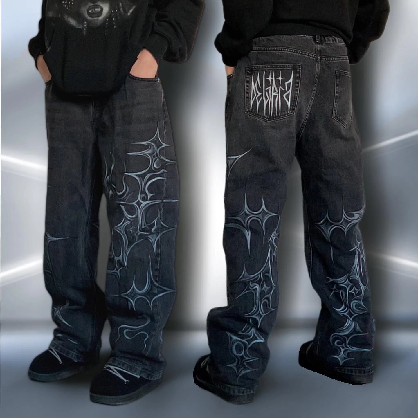 Vintage Mens Baggy Black Jeans Summer Gothic Cross Graffiti Straight Denim Pants High Street Women Casual Wide Leg Trousers