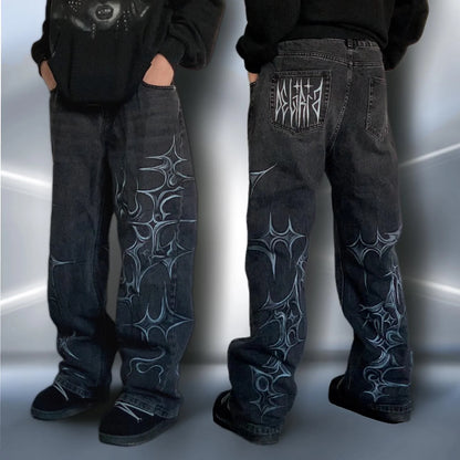 Vintage Mens Baggy Black Jeans Summer Gothic Cross Graffiti Straight Denim Pants High Street Women Casual Wide Leg Trousers