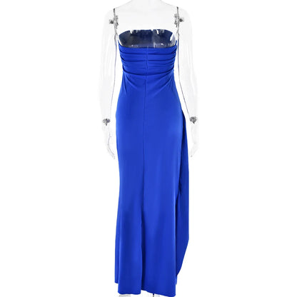 Cryptographic Off Shoulder Elegant High Rise Split Maxi Dress Club Outfits for Women Sexy Strapless Evening Dresses Ruched Gown