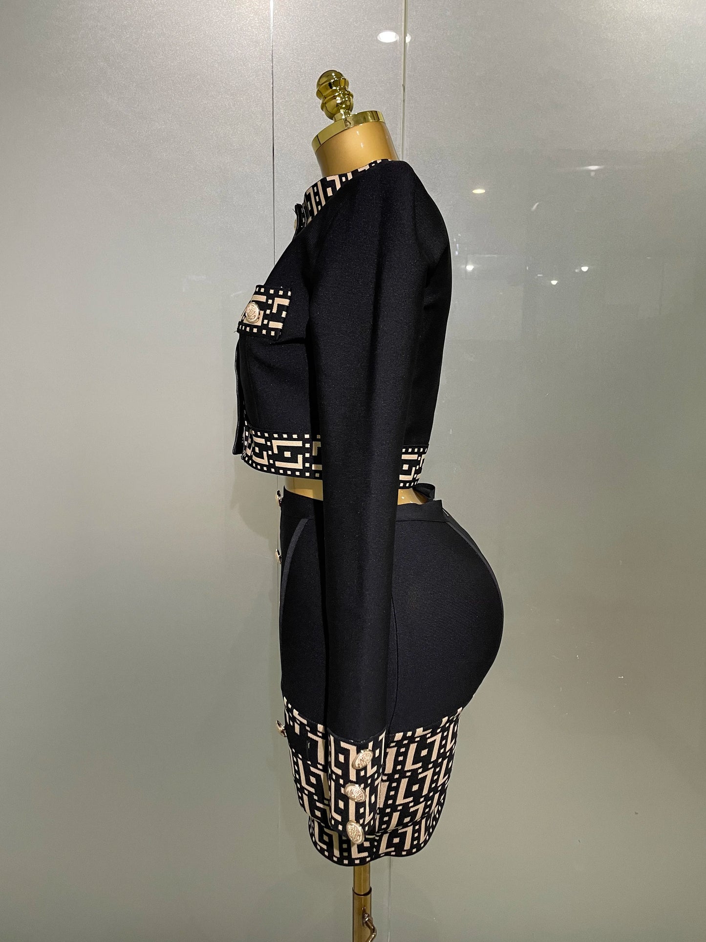 2025New Trendy Black Long Sleeves Two Pieces Bandage Set Button Top Short Skirt Suit Evening Party Women's Outfit Nightclub Wear