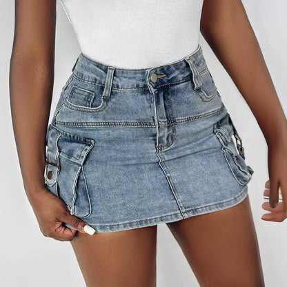 Pocket Design Buckled Denim Skirt Women High Waist Short Mini Skirt Sexy Summer Fashion