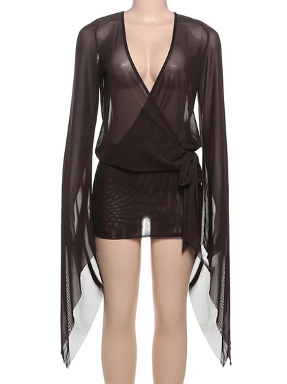 Irregular Women Mini Dress Sexy See Through Chic Long Sleeve Deep Low Neck Bandage Slim Vestidos Mujer Coquette Frock
