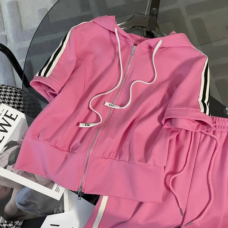 Korean Style Women's Sportswear Summer 2024 Trendy Age-Reducing Slimming Elegant Short Sleeves Hooded Top 2-Piece Set