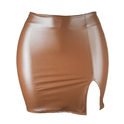 Leather Slim Mini Skirt Sexy Fashion PU Hot Short High Waist Skirt Korean Nightclub Faux Leather High Waist Split Skinny Skirt