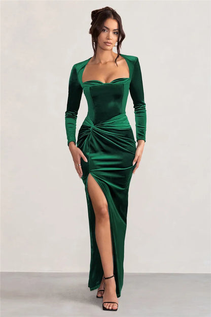 Mozision Square Collar Long Sleeve Sexy Maxi Dress For Women Velvet Fashion Ruched Split Bodycon Club Party Elegant Long Dress
