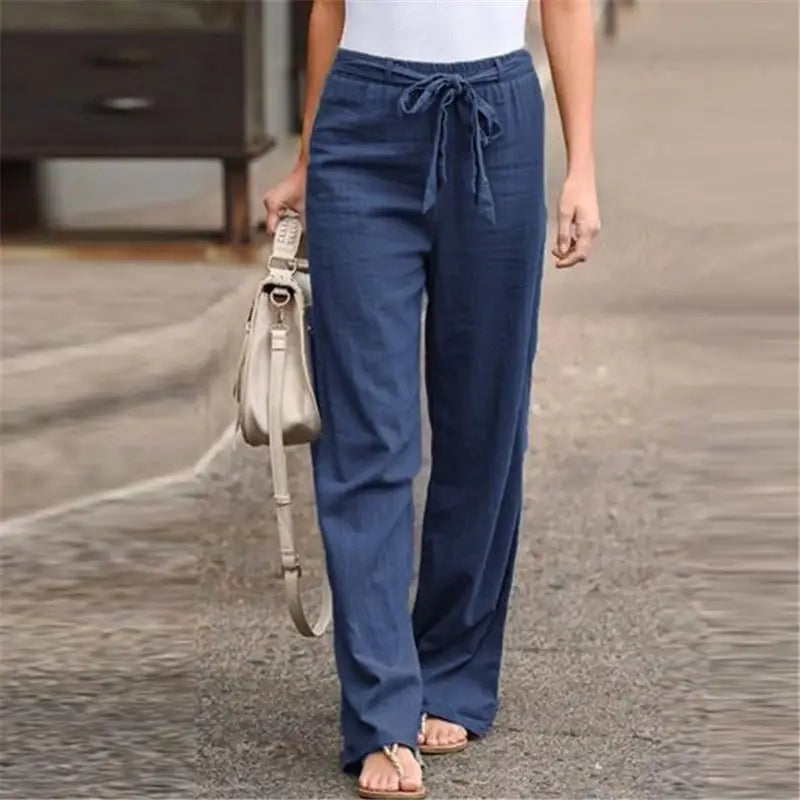Women Casual Long Pants Print Lace Up Elastic Waist Pant Straight Spliced Pockets Lady Streetwear Elegant Lady Summer 2025