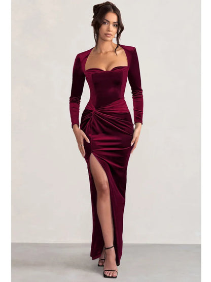 Articat Sexy Velvet Elastic Tight Long Sleeved Dress Elegant Bodycon Slit Party Evening Dress Autumn/winter 2025New Slim Vestido