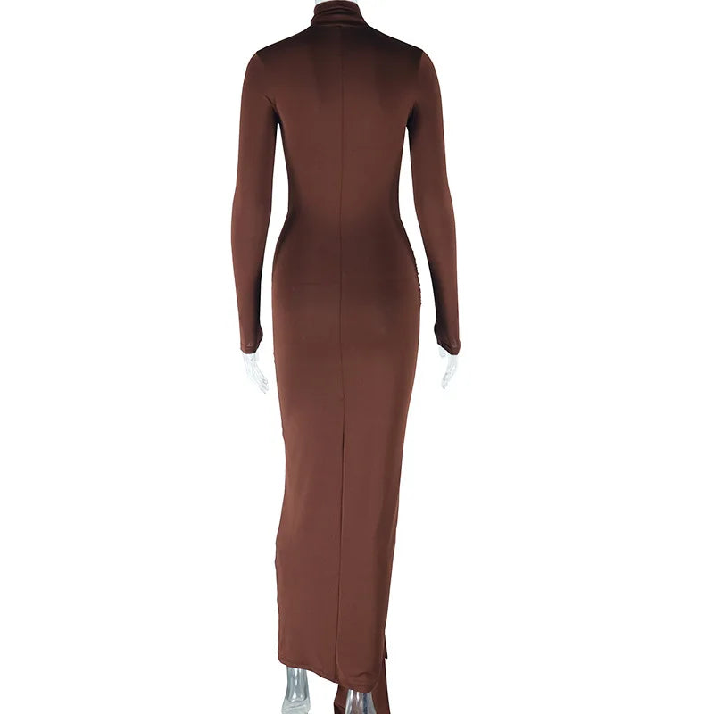 CM.YAYA Women Full Sleeve Turtleneck Ribbon Ruched Long Maxi Dress 2025 Spring Sexy Street Slim Evening Night Club Party Dresses