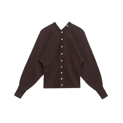 TRZA Women's Fashion Front Button V Neck Knit Cardigan Sweater Long Sleeve Fitted Hem Chic Outerwear Female Tops