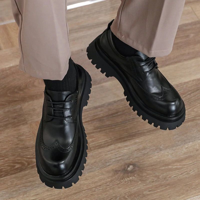 British Style Men's Block Shoes Thick Soled Durable for Office Interviews Formal Shoes Retro Brown Men's Shiny Leather Shoes