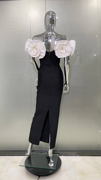 3 Colors Stereoscopic Flowers Sexy Off The Shoulder Ankle Lenght Bandage Dress Woman Birthday Party Vestido Wedding Party Outfit