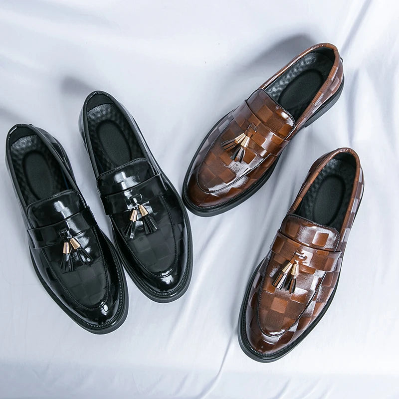 Fashion Business Chequer Loafers Men's Slip-On Brown Office Moccasins Male Dress Shoes Career Black Leather Shoes Plus Size38-47