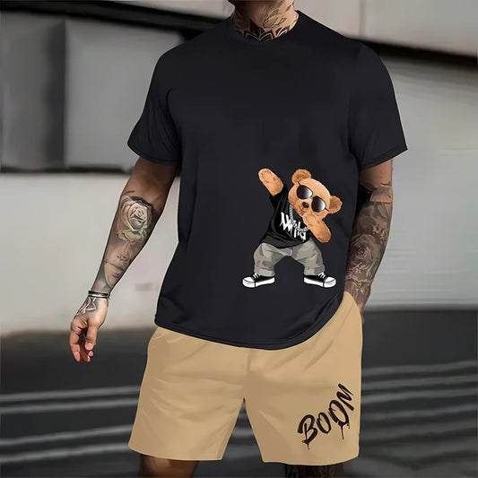 Summer 2025 men's suit men's T-shirt high-definition printed outdoor men's casual sports short sleeved shorts set