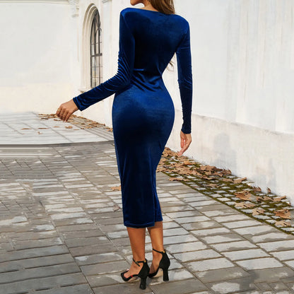 Women's Sexy Fashion Elegant Comfortable Temperament Casual Solid Color U-neck Slit Dress Slimming Long Sleeve Party Skirt