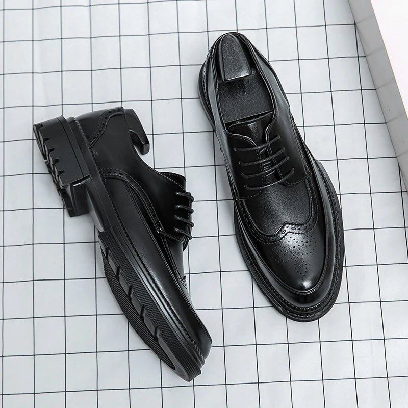 Men's leather shoes, Italian brand, versatile for business, formal wear, casual, high-quality brown, classic block shoes.