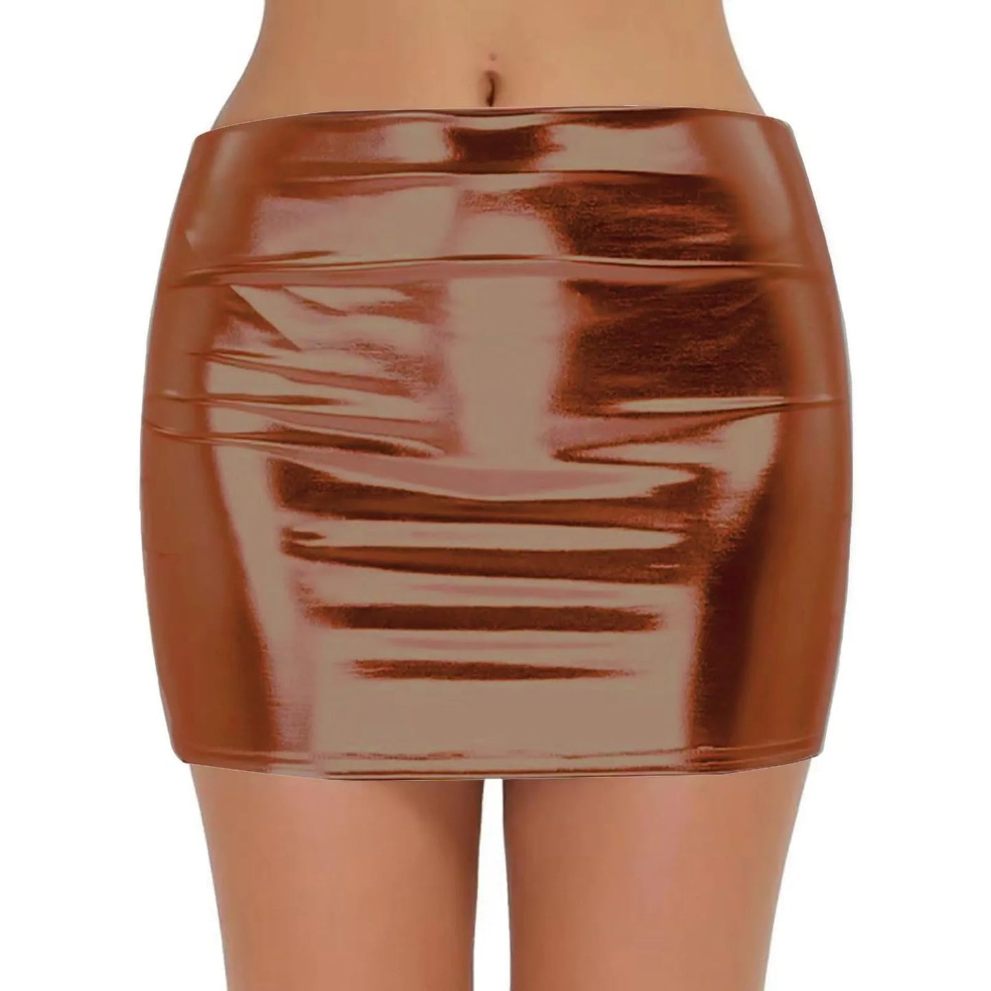 Sexy PU Leather Short Skirts for Women Club Prom Performance Solid High Waist Mini Skirt Gold Red Shine Bright Fladas Mujer XXL