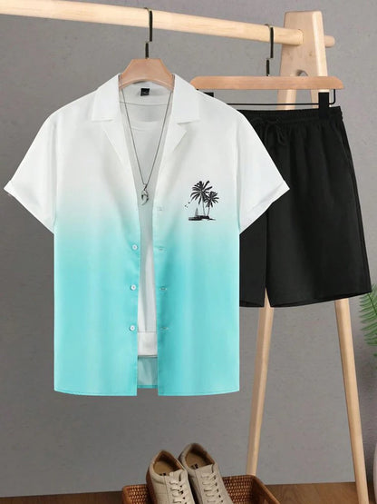 Coconut Tree Print Men's Shirt Gradient Short Sleeve And Beach Shorts Sets Summer Casual Loose Shirts Hawaiian Style Man Outfit