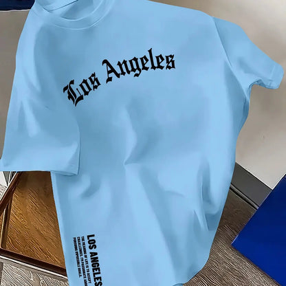 Men's Summer 100% Cotton Fashion Los Angeles Letter Printed Loose Large Casual Comfortable Round Neck Short Sleeve T-shirt Top
