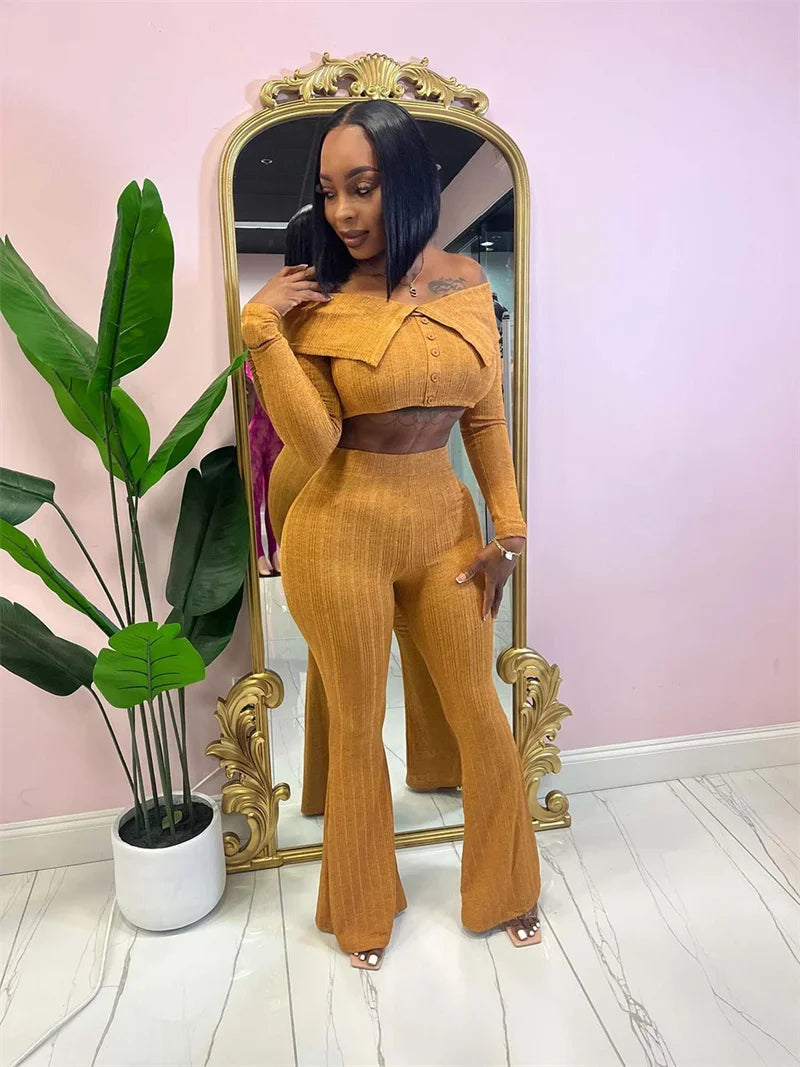 Sexy Knitted Two Piece Set for Women Birthday Outfits Off Shoulder Slash Neck Crop Top and Flare Pants Set Conjuntos Femininos