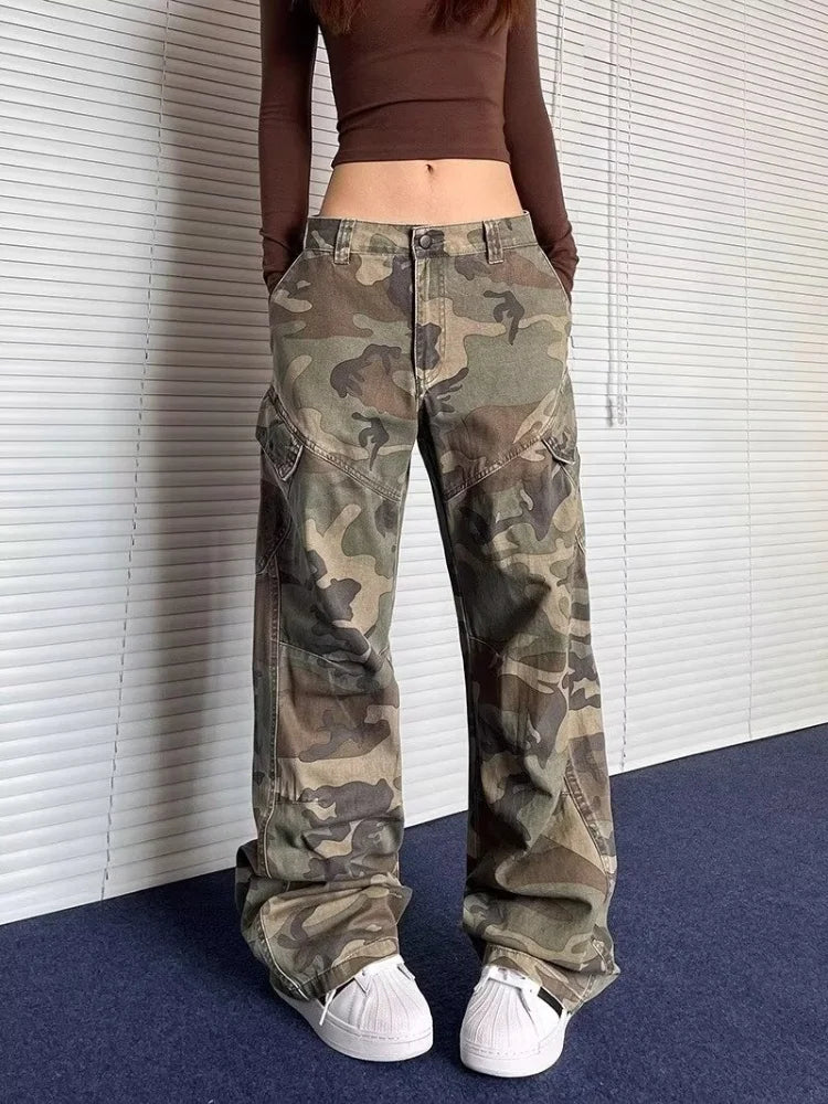 2024 Cyber Y2K Streetwear Washed Camouflage Pleated Baggy Jeans Cargo Pants For Women Clothes Underwear Lady Casual Trousers