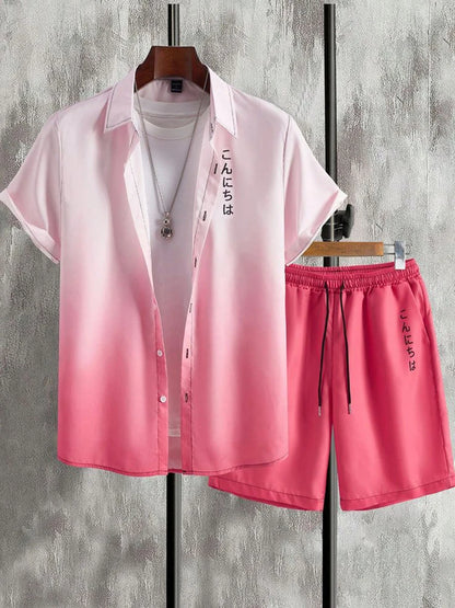 Coconut Tree Print Men's Shirt Gradient Short Sleeve And Beach Shorts Sets Summer Casual Loose Shirts Hawaiian Style Man Outfit