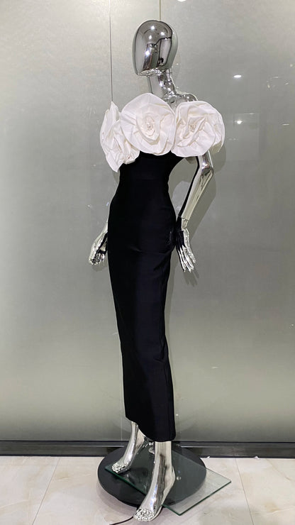 3 Colors Stereoscopic Flowers Sexy Off The Shoulder Ankle Lenght Bandage Dress Woman Birthday Party Vestido Wedding Party Outfit