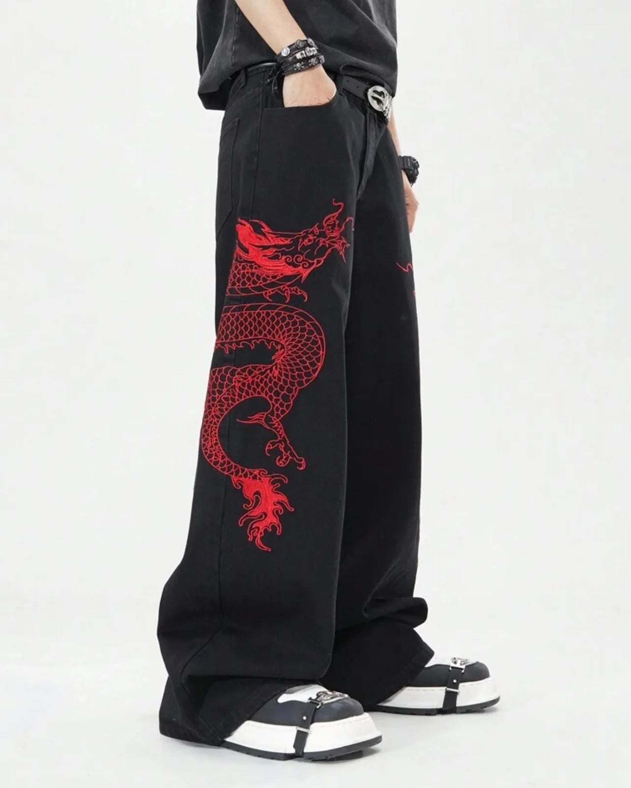 American New Retro Oriental Dragon Design Fashionable Loose Jeans Men Street Hip-hop Casual Straight Wide-leg Pants Women