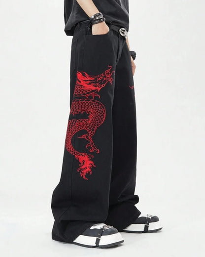 American New Retro Oriental Dragon Design Fashionable Loose Jeans Men Street Hip-hop Casual Straight Wide-leg Pants Women