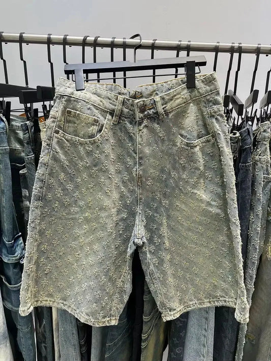 Fashion Casual Summer Light Blue Distressed Men Denim Shorts Smart Straight Leg Loosen Male High Street Niche Design Tide Shorts