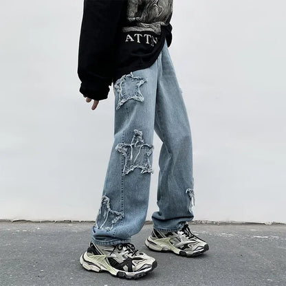 2025 New Fashion Stars Towel Embroidery Brown Men Jeans Pants Y2K Clothes Straight Hip Hop Cotton Trousers Pantalon Homme