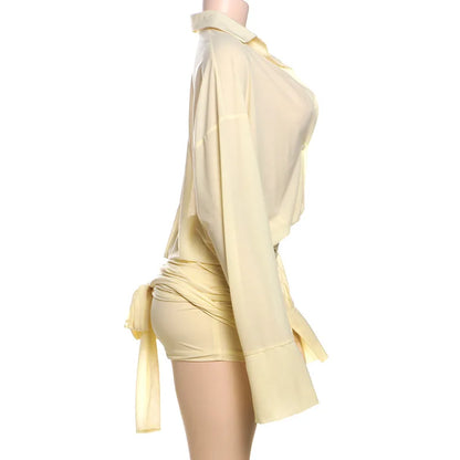 Cryptographic Fashion See Through Shirt Mini Dress Flare Sleeve Sexy Club Party Bandage Ruched Lapel Dresses Outfits Clothes