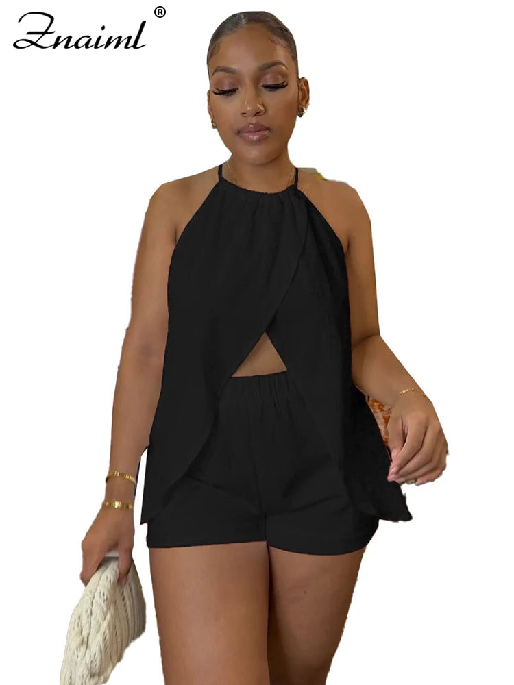 Znaiml Elegant Slit Hollow White Two 2 Pieces Set for Women Halter Bandage Sleeveless Top and Shorts Outfits 2pcs Beach Clubwear