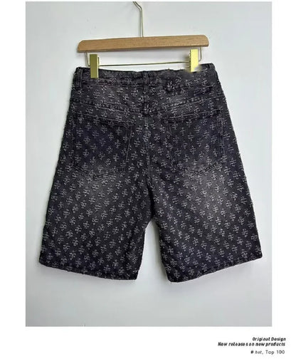 Fashion Casual Summer Light Blue Distressed Men Denim Shorts Smart Straight Leg Loosen Male High Street Niche Design Tide Shorts