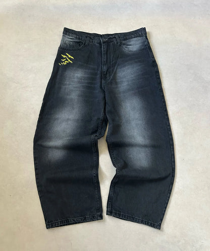 Harajuku Embroidered Baggy Jeans Men Women Hip Hop Vintage Black Wash Baggy Jeans Low Rise Wide Leg Pants American Y2K Clothes