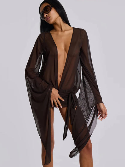 kliou Mesh Irregular Women Mini Dress Sexy See Through Chic Long Sleeve Deep Low Neck Bandage Slim Vestidos Mujer Coquette Frock