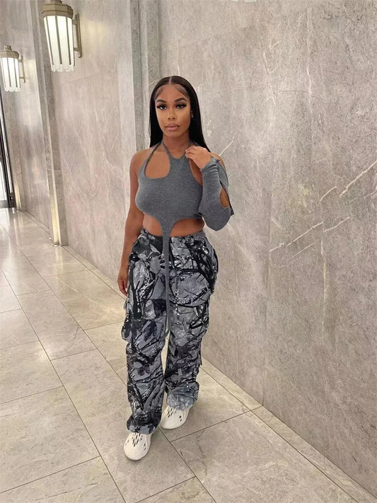 Summer Outfits y2k Clothes Streetwear Print Pants For Women Gray Casual Trousers Baggy High Waist Wide Leg Pants Trousers