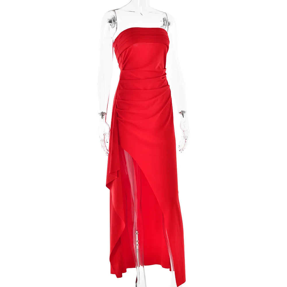 Cryptographic Off Shoulder Elegant High Rise Split Maxi Dress Club Outfits for Women Sexy Strapless Evening Dresses Ruched Gown