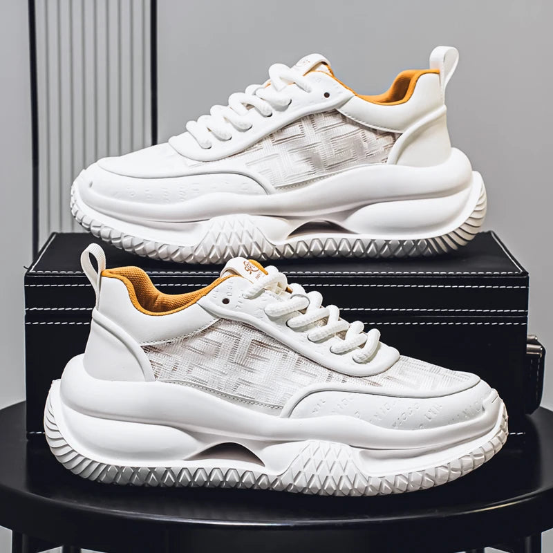 Chunky Sneaker Men Designer Hollow Sole Sport Shoes Fashion Casual Leather Fabric Breathable Height Increased Platform Gym Shoes