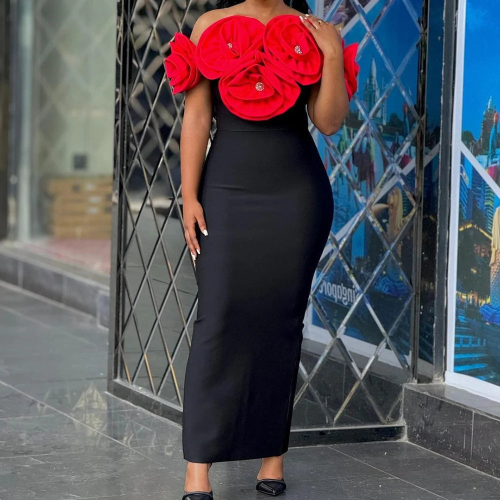 PB 2024 Elegant  3D Flowers Diamond Bra Bandage Maxi Dress Off Shoulder One Line Neck Sleeveless Women Celebrity Club Dress