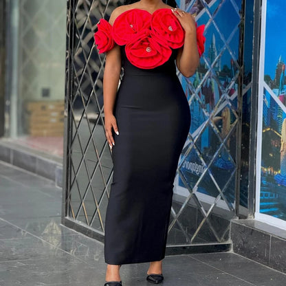 PB 2024 Elegant  3D Flowers Diamond Bra Bandage Maxi Dress Off Shoulder One Line Neck Sleeveless Women Celebrity Club Dress