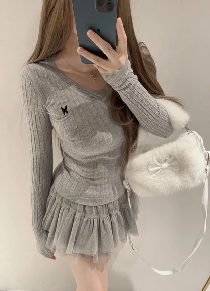 Casual V Neck White Pullovers Women Sweaters Autumn Winter Basic Long Sleeve Y2k Clothes Korean Pink Grey Ladies Tops Jumpers