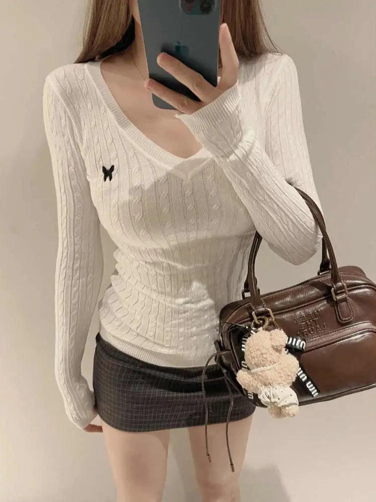 Casual V Neck White Pullovers Women Sweaters Autumn Winter Basic Long Sleeve Y2k Clothes Korean Pink Grey Ladies Tops Jumpers