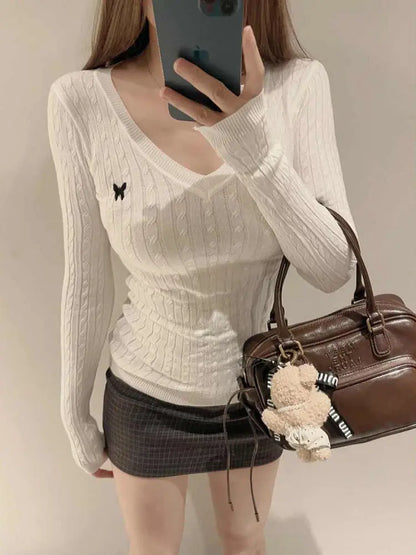 Casual V Neck White Pullovers Women Sweaters Autumn Winter Basic Long Sleeve Y2k Clothes Korean Pink Grey Ladies Tops Jumpers