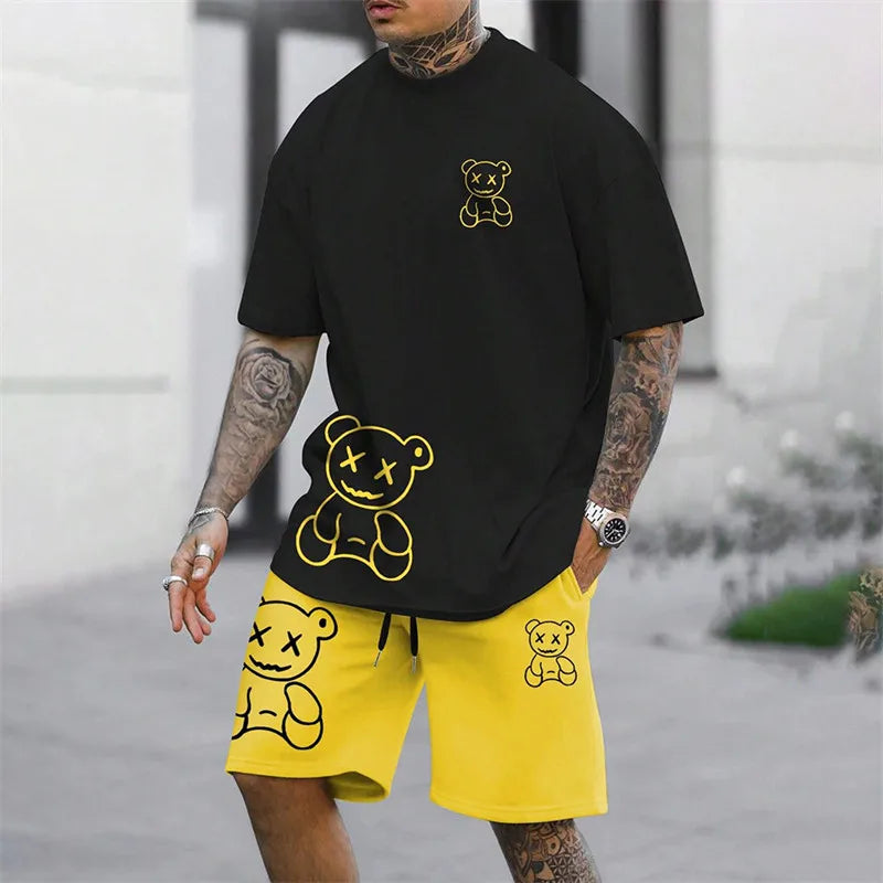 2024 Harajuku fun summer Men's T-shirt casual Daily couple Outdoor street suit Short sleeve shorts two-piece set
